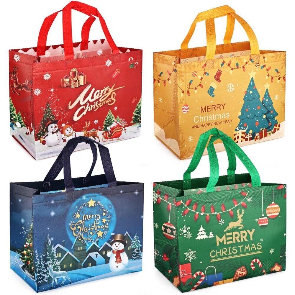Delightful 4-Piece Christmas Tote Bags with Handles - Festive & Durable Design